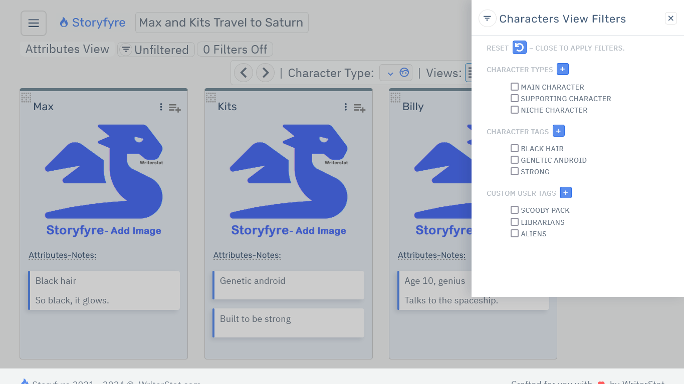 Storyfyre Characters: Filters