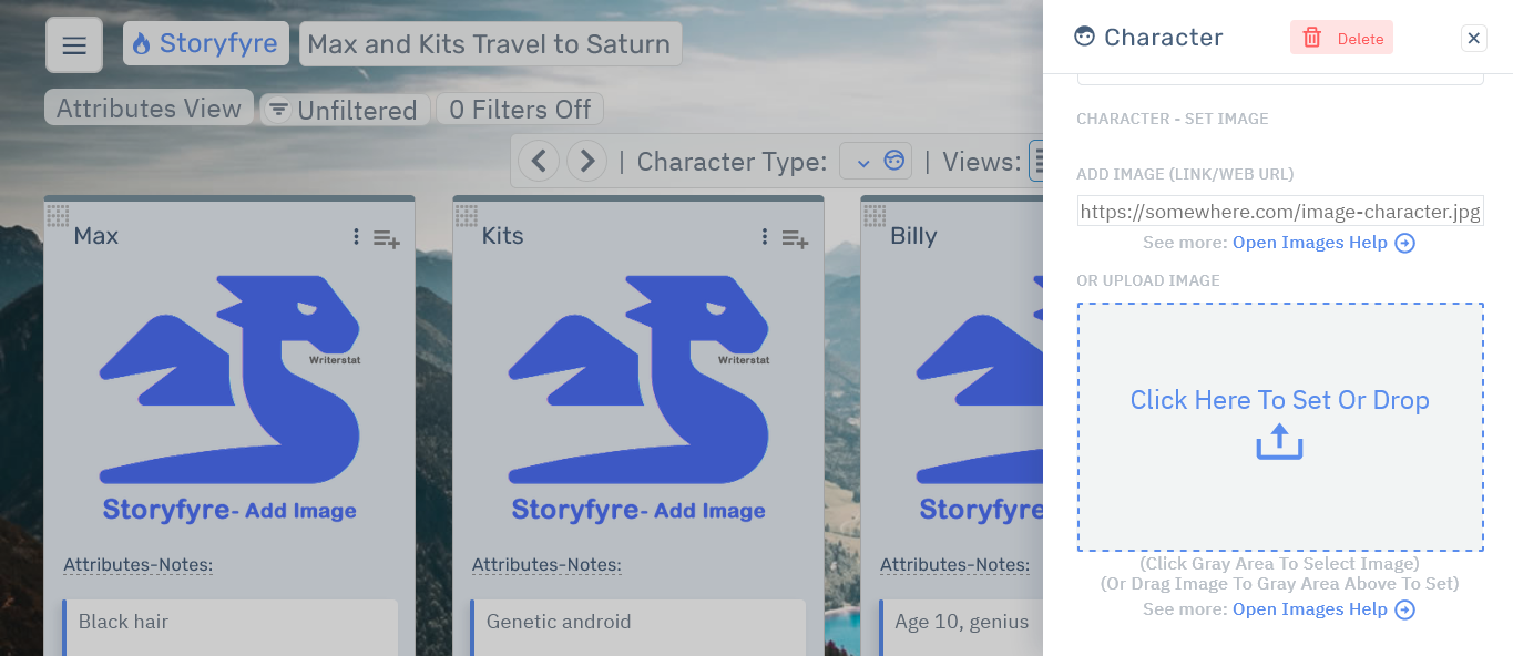 Storyfyre Characters: Add/Edit Image Area