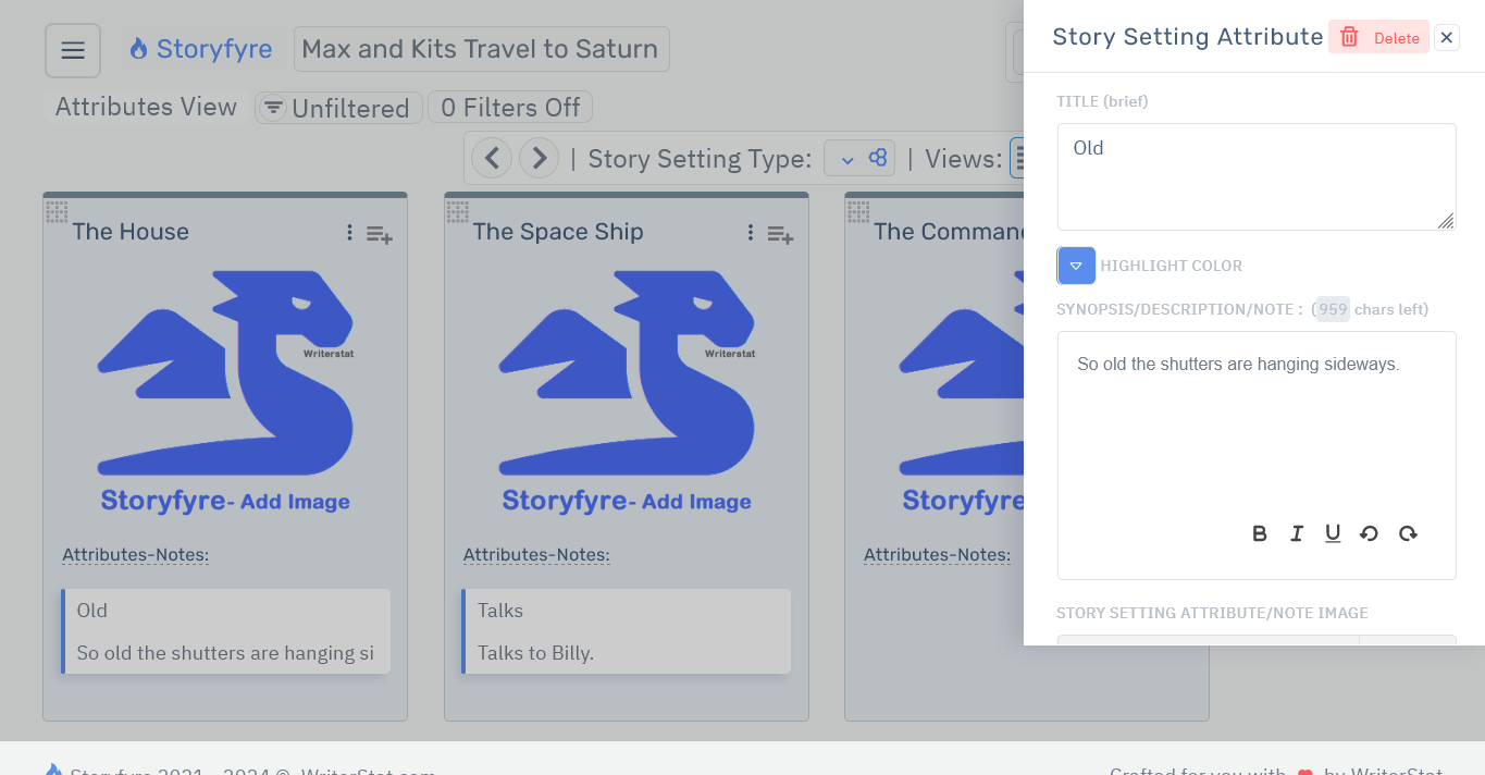 Storyfyre Story Settings: Story Setting Attribute Edit