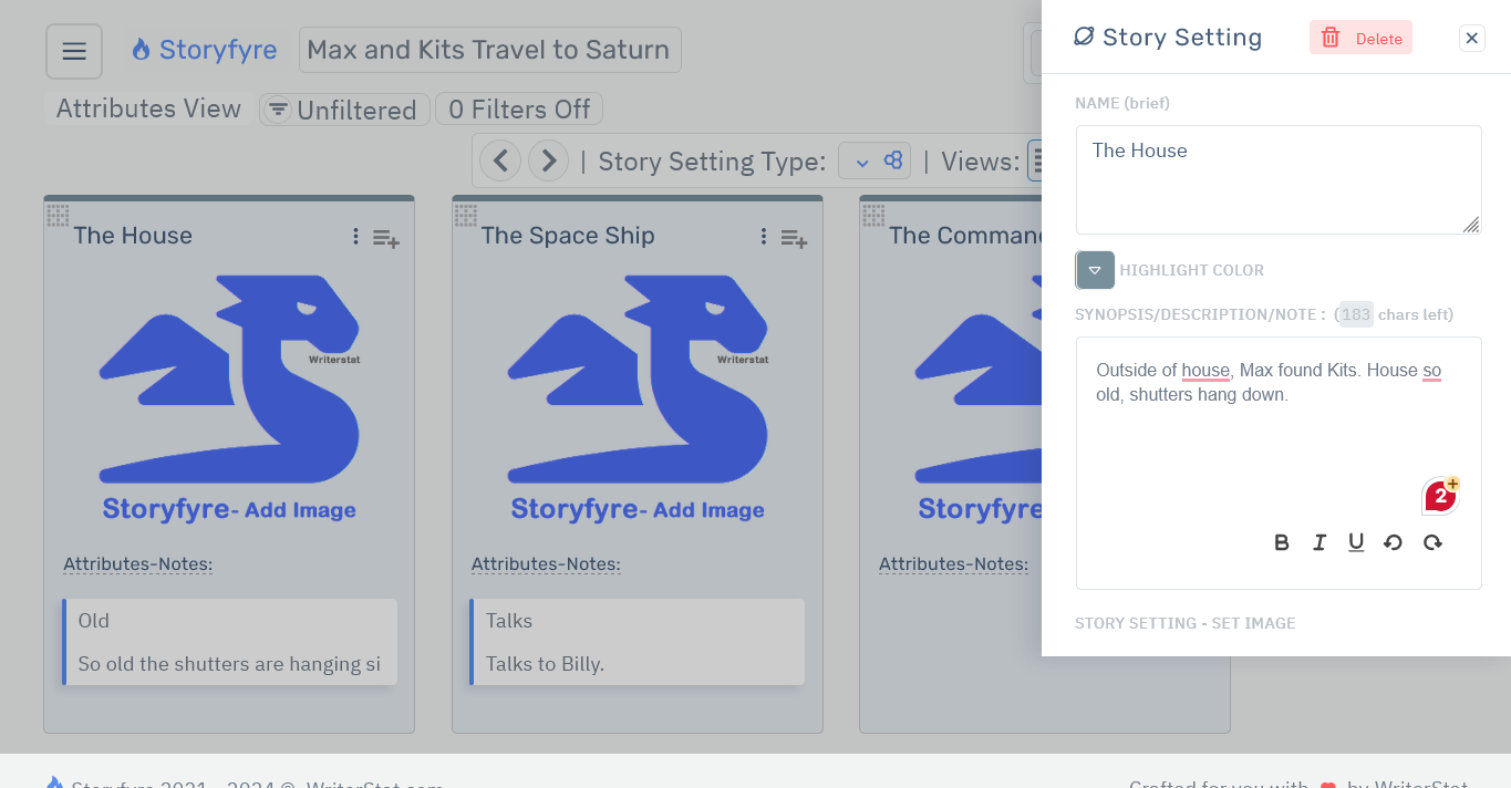 Storyfyre Story Settings: Story Setting Edit