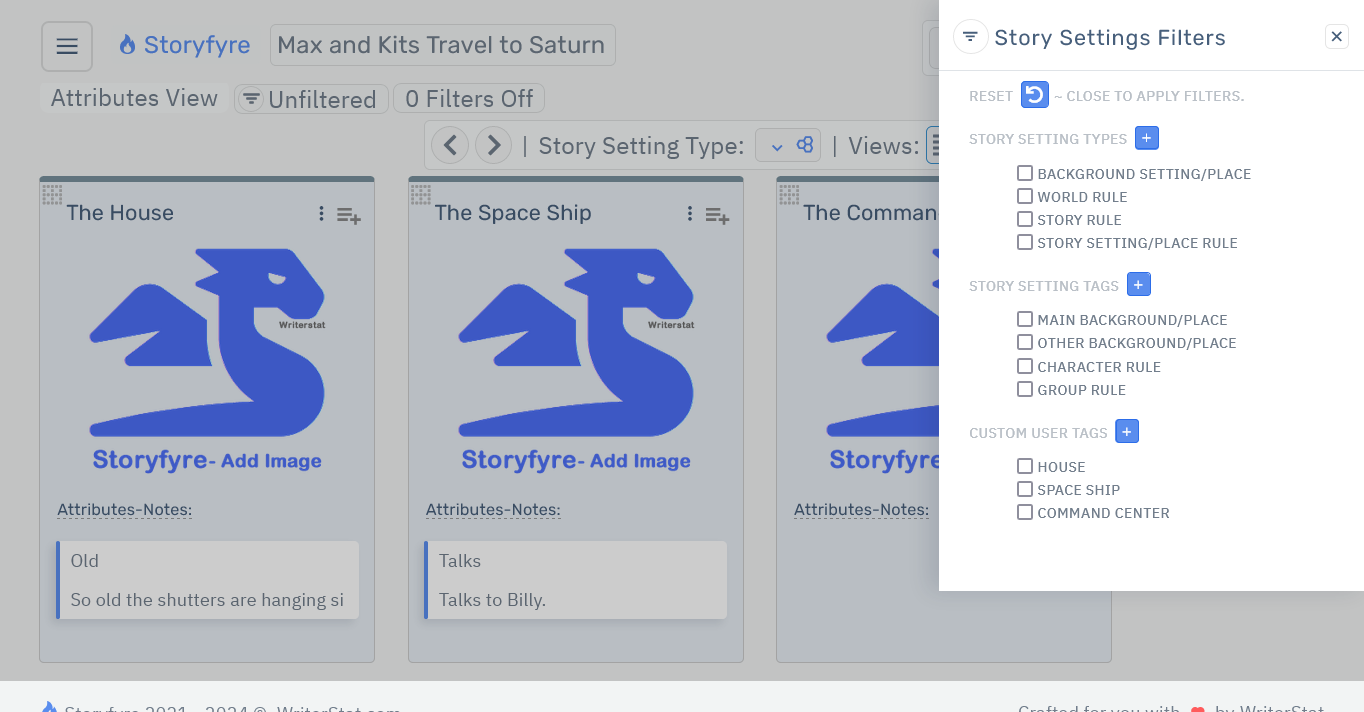 Storyfyre Story Settings: Filters